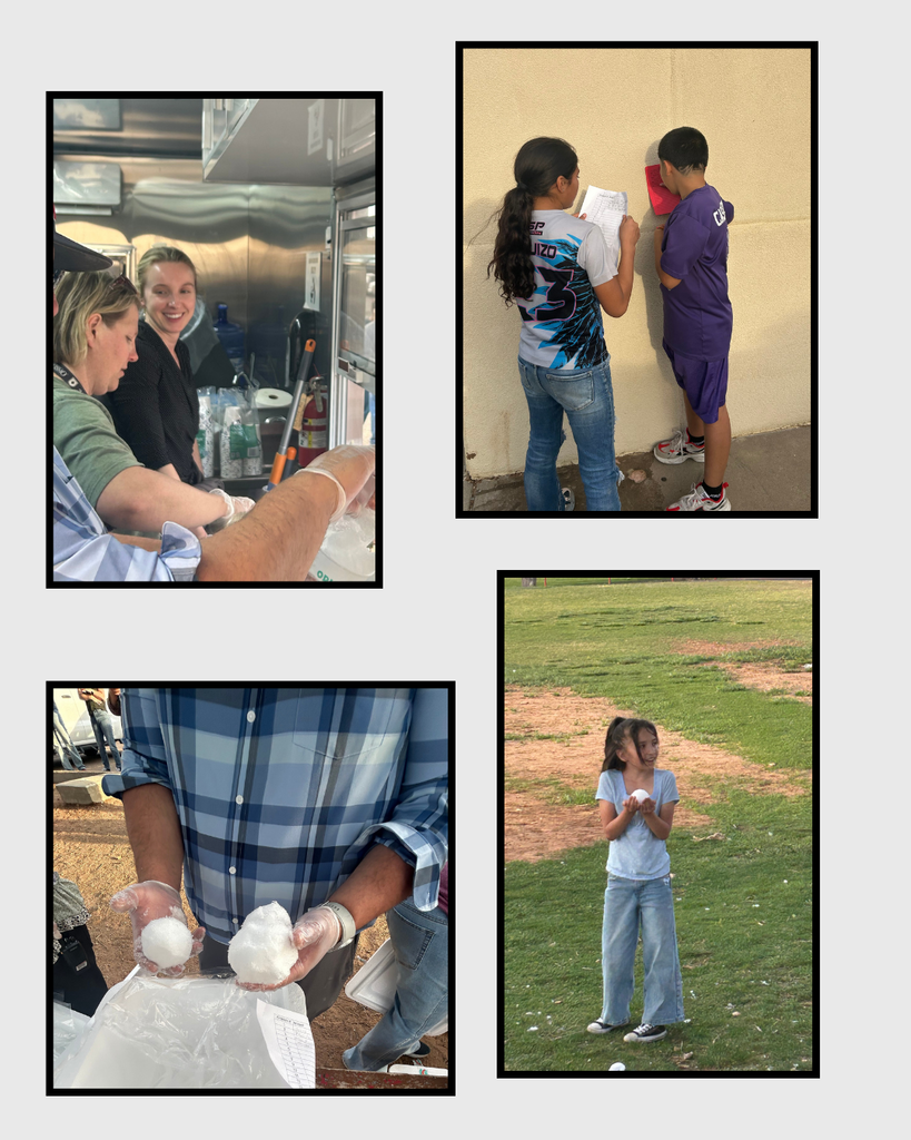 Four collage panels depict: students working on math problems and playing with snow balls.
