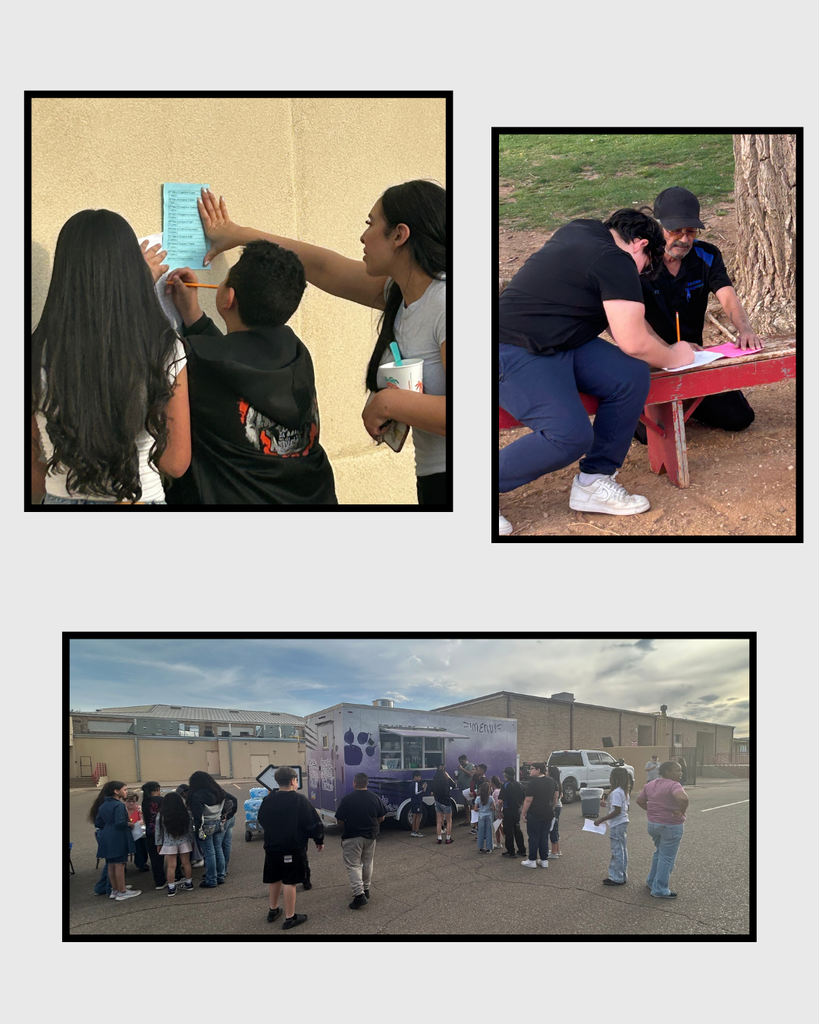 Pictures of students working on math problems with friends and family members.