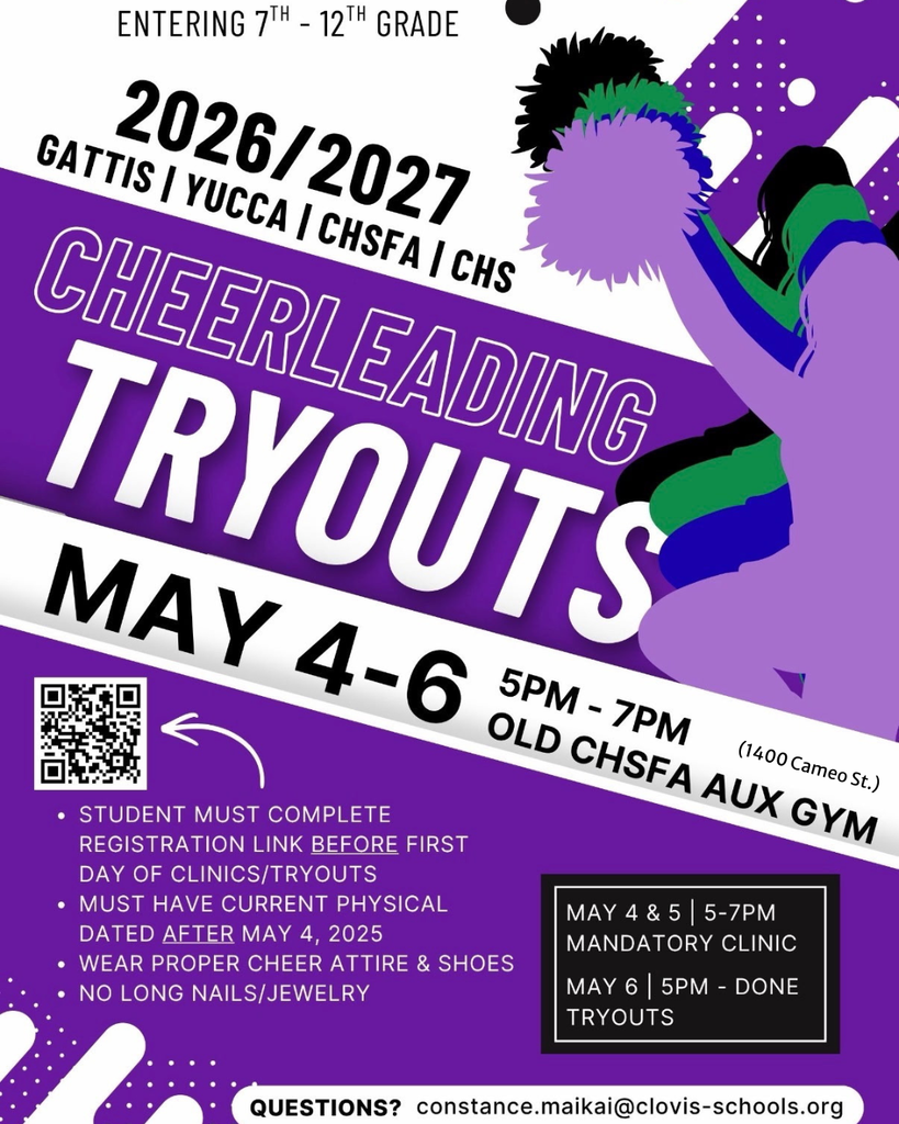 Purple and white flyer. Cheerleading tryouts for 7th-12th grade. Dates May 4-6. Times 5-7pm. QR code.
