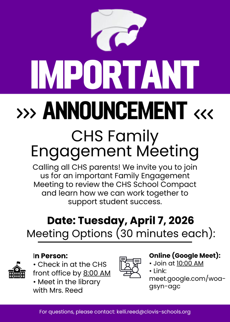 Purple and white flyer with the CHS logo. It reads "Important Announcement" and "CHS Family Engagement Meeting".