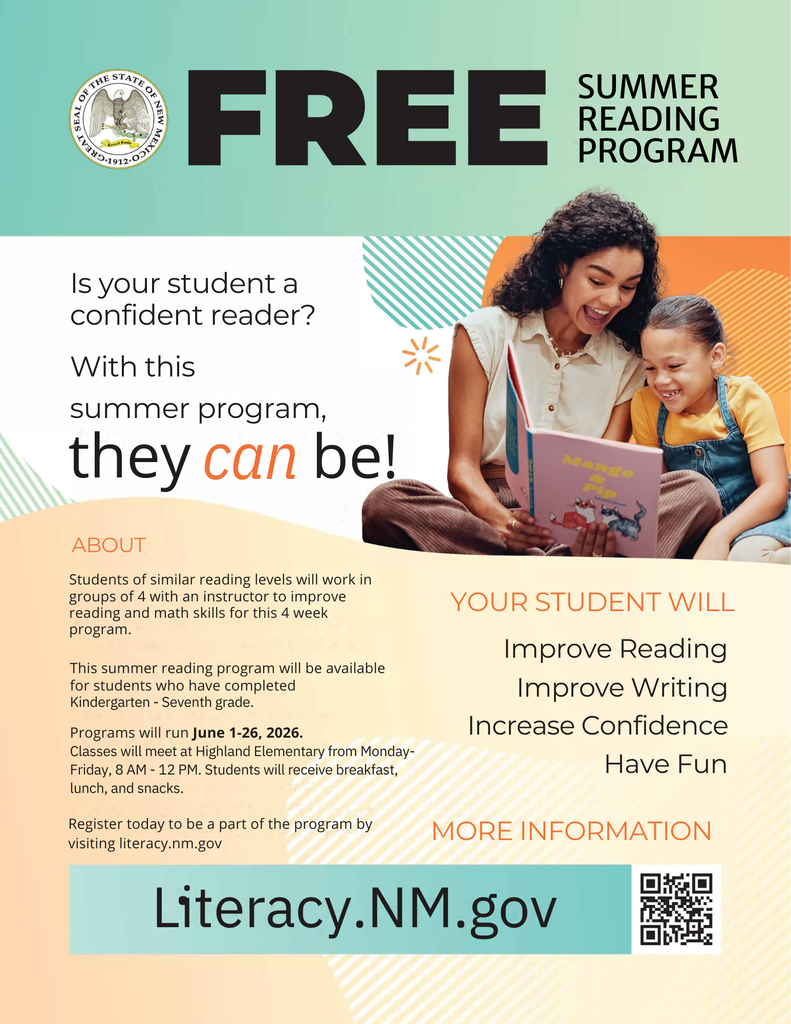 A flyer shows a woman reading with a child, emphasizing a free summer program. Text reads "Free Summer Program" and "Is your student a confident reader?"
