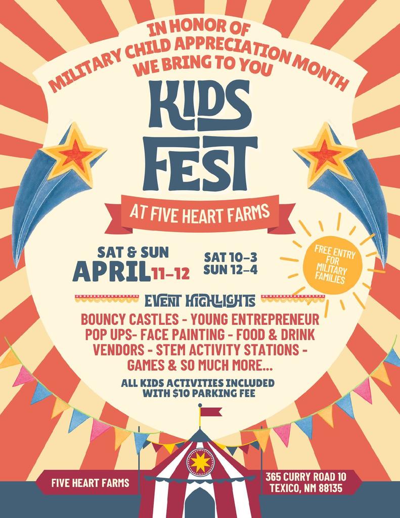 A flyer for Kids Fest at Five Heart Farms, featuring colorful text and illustrations of stars, balloons, and a tent.