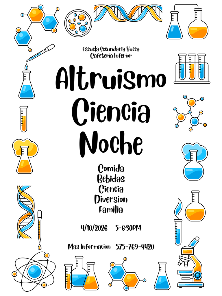 Poster with "Altruismo Ciencia Noche" in bold. Icons of test tubes, flasks, and molecules around the text. Date, time, and contact details below.