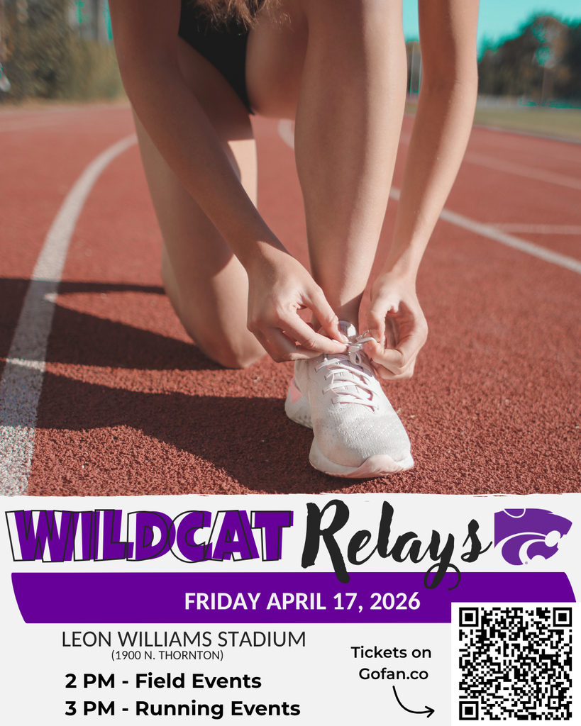 An athlete kneels on a red track, tying their white running shoes. Text reads "WILDCAT Relays FRIDAY APRIL 17, 2026" at the top.