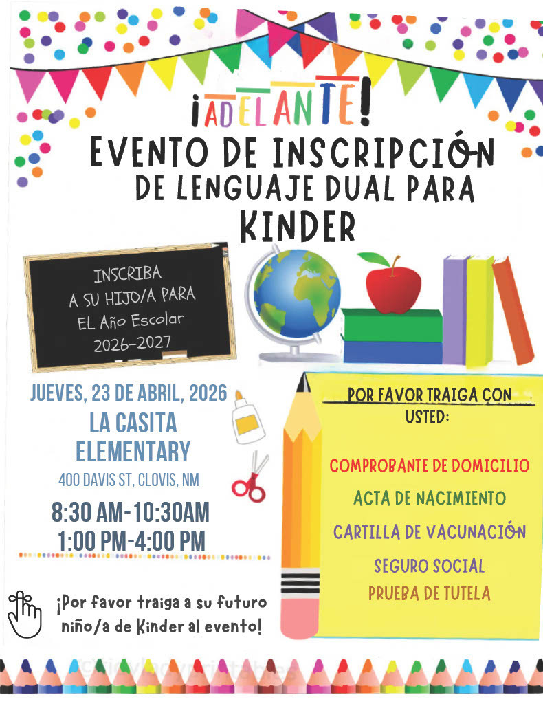An event flyer for the Dual Language Kindergarten enrollment. It lists required documents and the event date and time.
