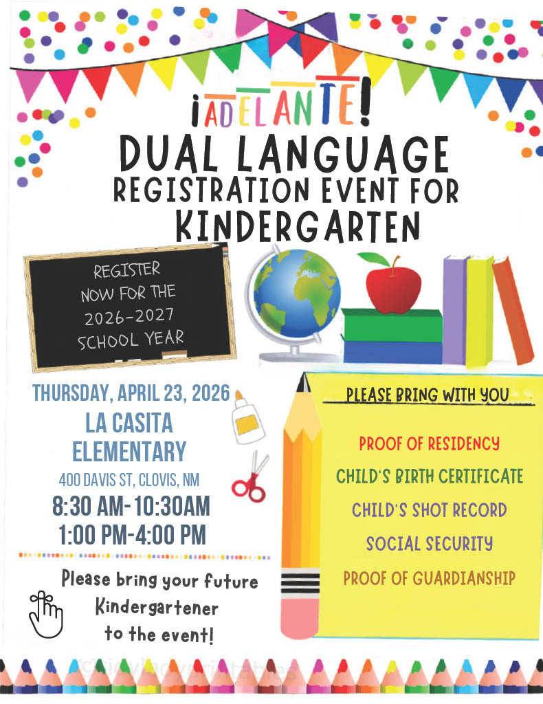 Event flyer for Dual Language Registration for Kindergarten. It includes date, time, location, and items to bring.