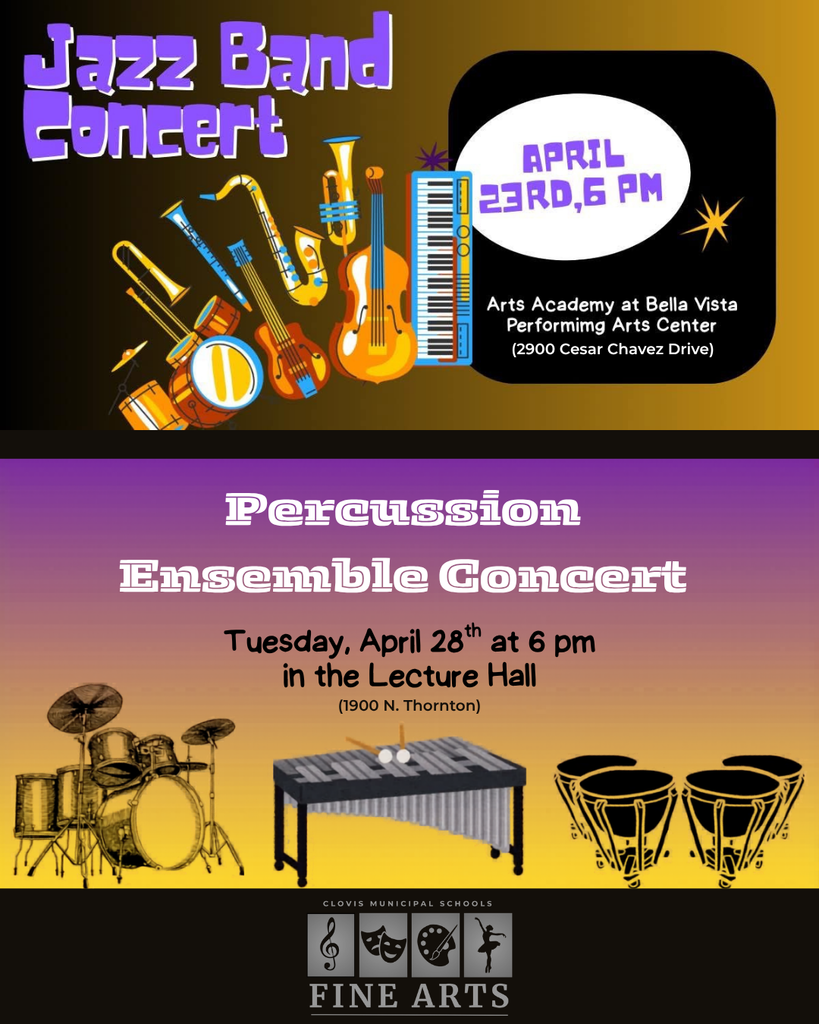 A concert flyer includes a jazz band and percussion ensemble concert. The jazz band concert is on April 23rd at 6 pm. The percussion ensemble concert is on April 28th at 6 pm.