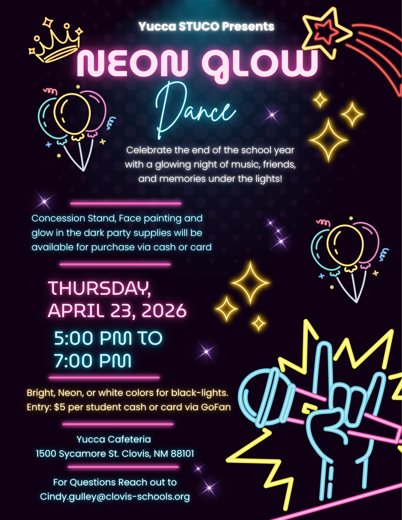 Event poster for NEON GLOW Dance on April 23, 2026, 5:00 to 7:00 PM. Neon-colored illustrations and text.
