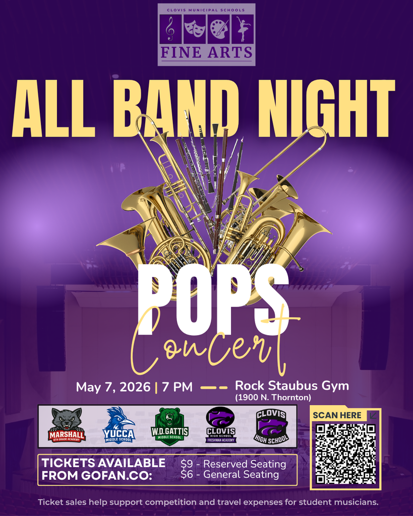 Purple poster with "ALL BAND NIGHT POPS CONCERT" text, musical instruments, and event details.