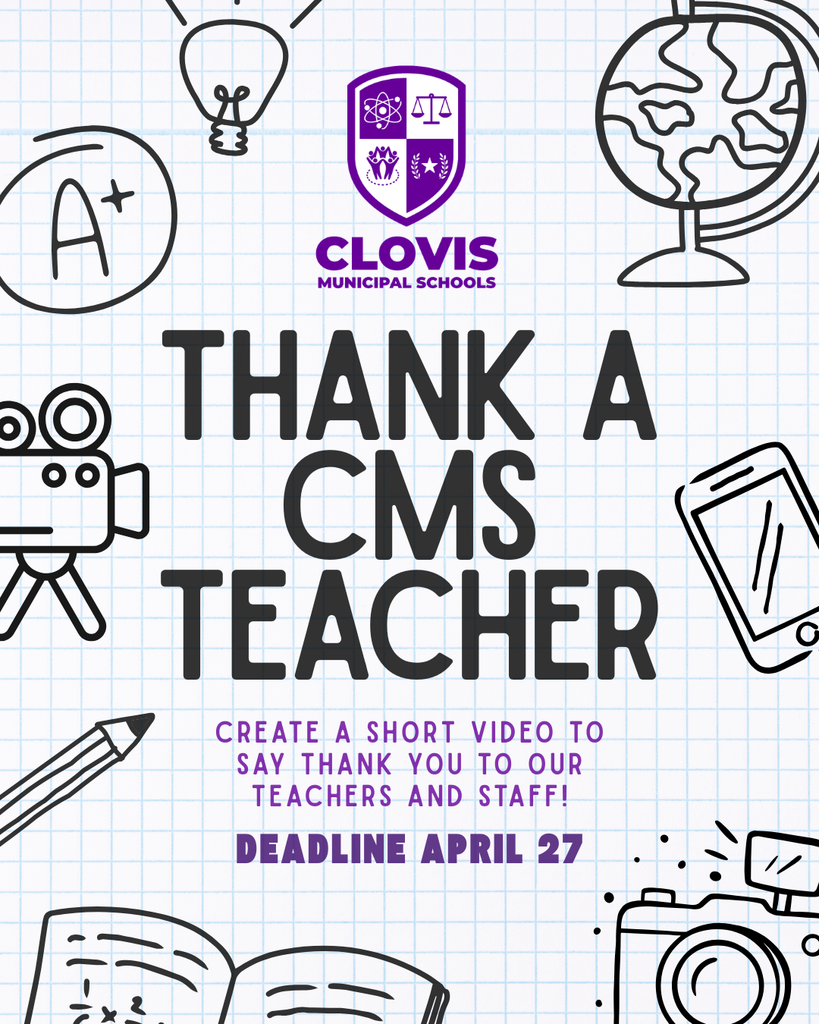 A white background displays a poster with a Clovis Municipal Schools logo. Drawings of a light bulb, camera, book, and other items are around the text.