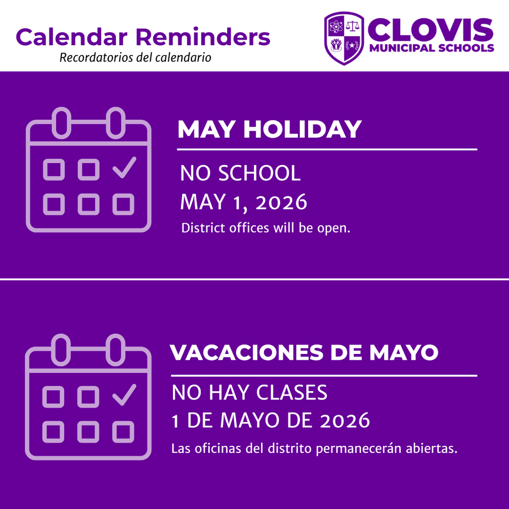 Purple background with a white logo. Two calendar icons indicate a holiday. Text reads "MAY HOLIDAY" and "NO SCHOOL MAY 1, 2026."