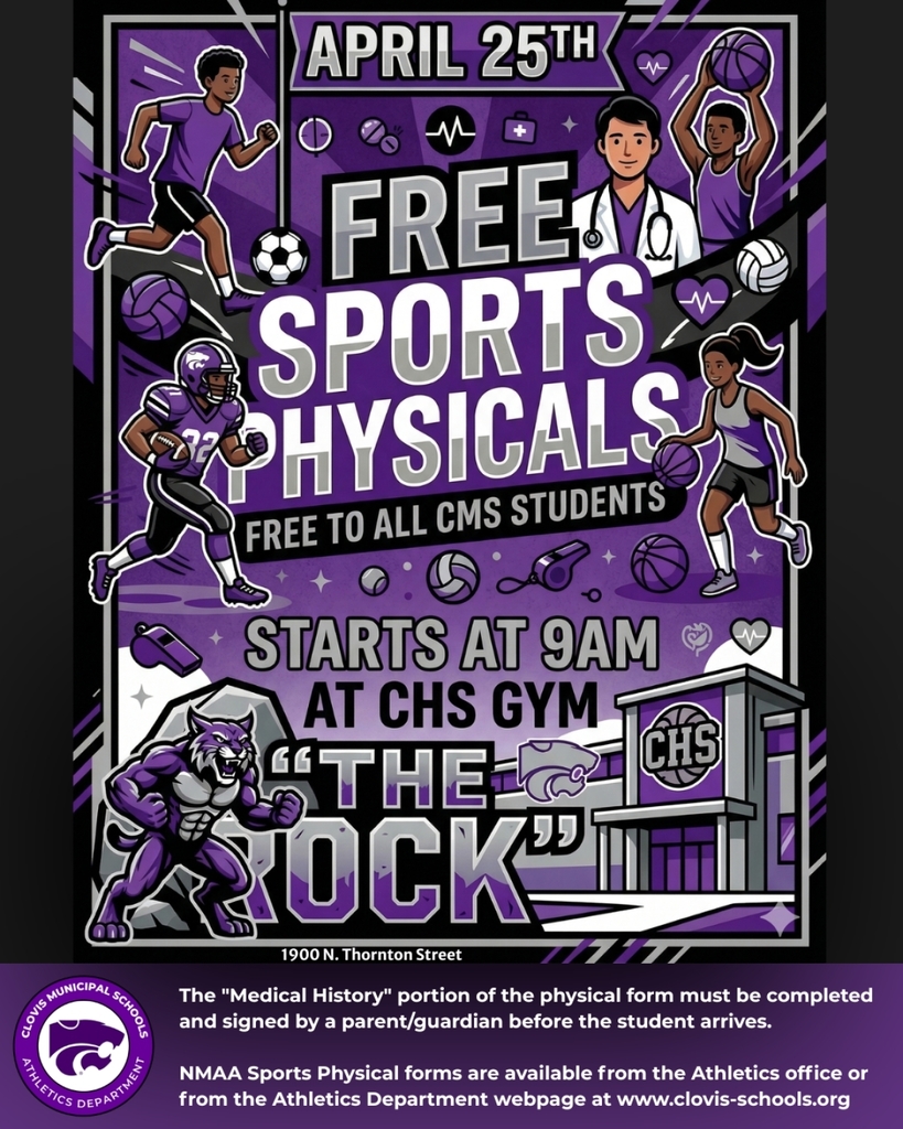 Purple flyer with a sports theme. "Free Sports Physicals" is at the top. Details include start time and location.