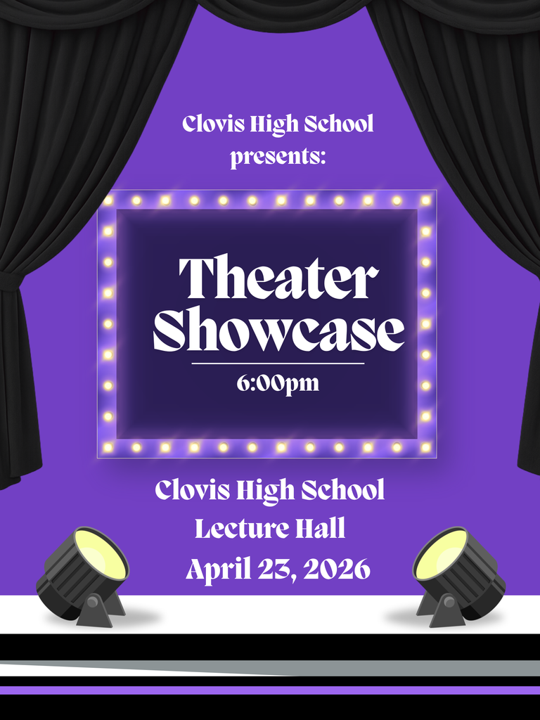 Poster with purple background and black curtains, featuring "Theater Showcase" in bold white letters. Two spotlights illuminate the stage at the bottom.