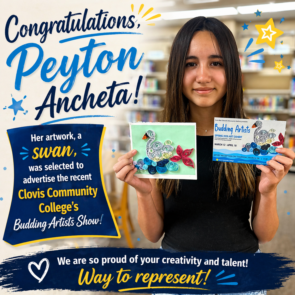 Congratulations goes out to Peyton Ancheta. Her artwork, a swan, was selected to Advertise the recent Clovis Community College's Budding Artist Show.
