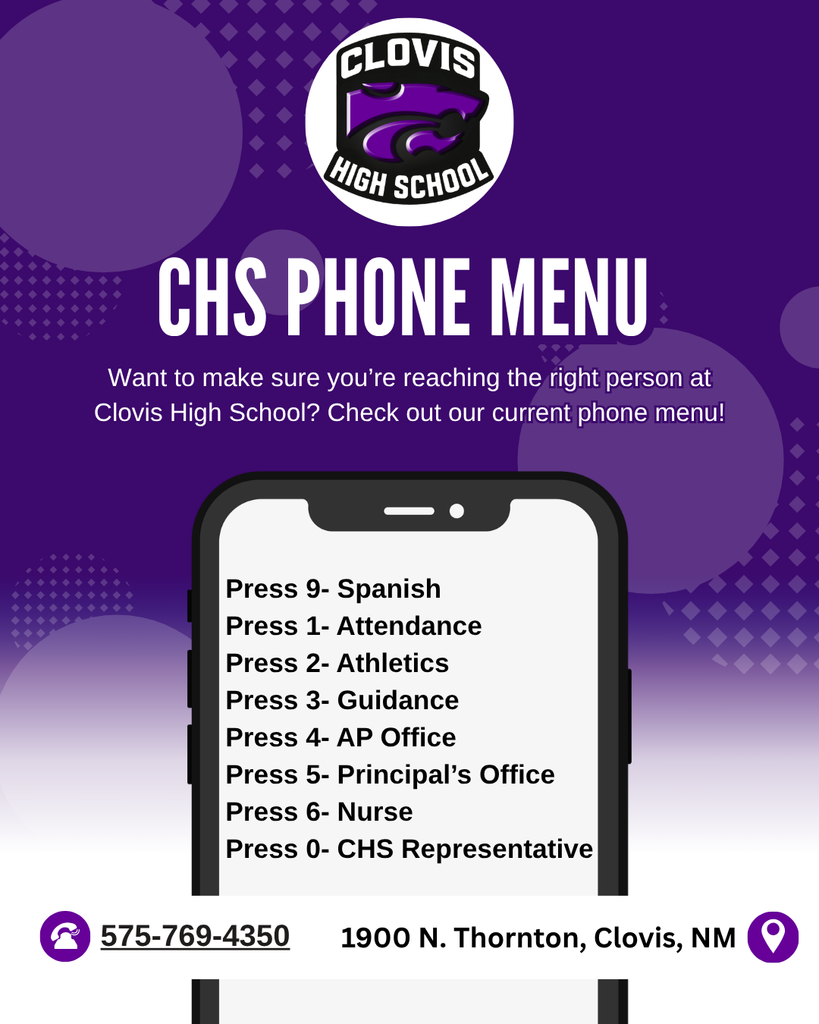 Purple background with white text and logo. A phone displays a menu with numbers for various school departments.