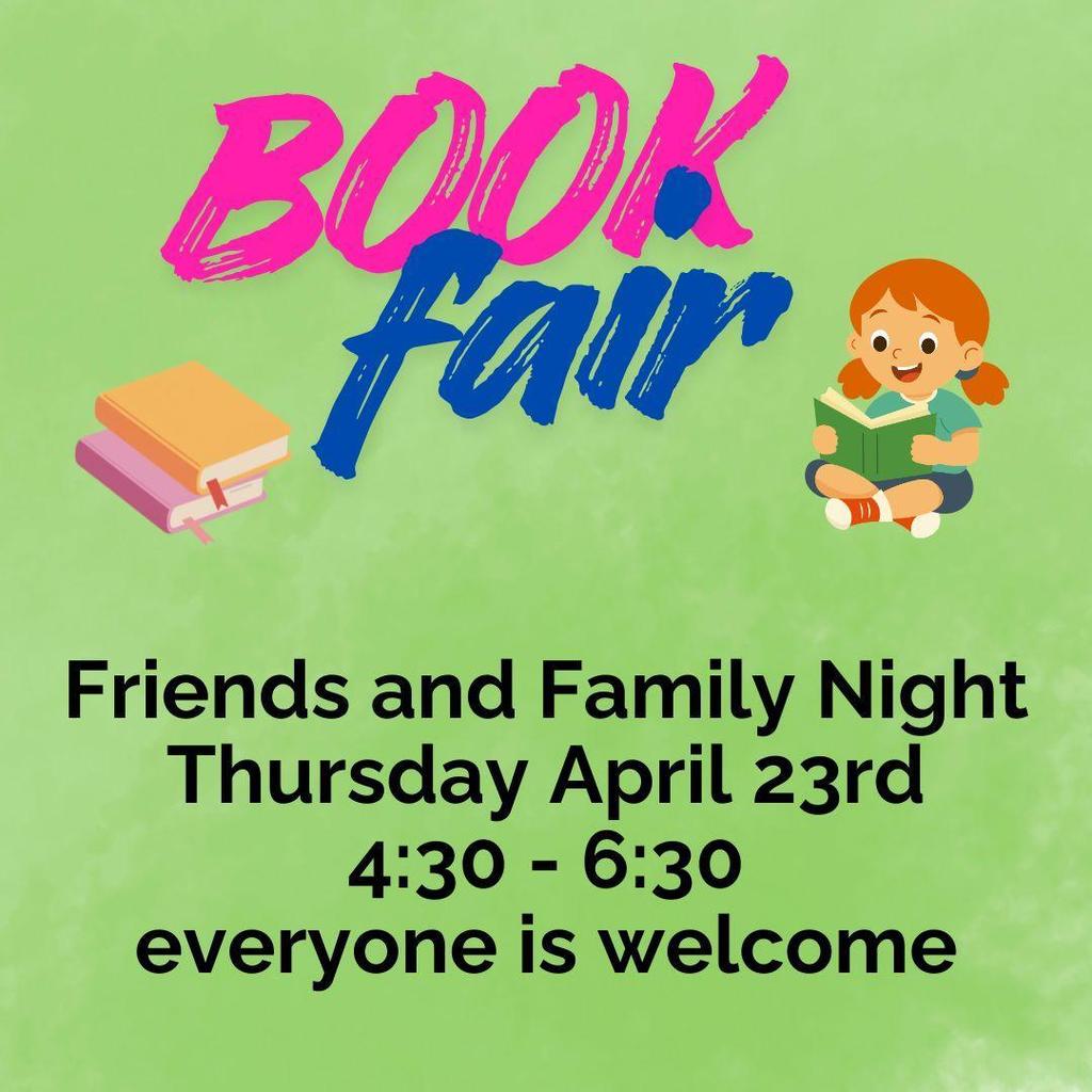A poster with a green background. It features a child reading a book, colorful text, and an invitation for a book fair.