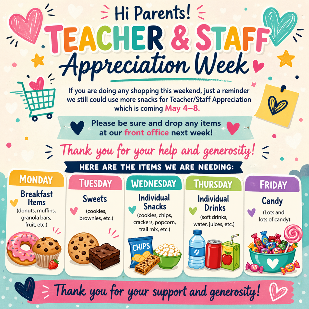 Hi Parents! If you’re out shopping this weekend, we would love your help stocking up on goodies for our amazing teachers & staff! 💙  📅 May 4–8 Please drop off donations in the front office next week 🙌  Here’s what we need: 🍩 Monday: Breakfast items (donuts, muffins, granola bars, fruit) 🍪 Tuesday: Sweets (cookies, brownies, etc.) 🥨 Wednesday: Individual snacks (chips, crackers, popcorn, trail mix) 🥤 Thursday: Individual drinks (water, juice, soft drinks) 🍬 Friday: CANDY… lots and lots of candy!  Thank you so much for your support and generosity—we appreciate you! 💛