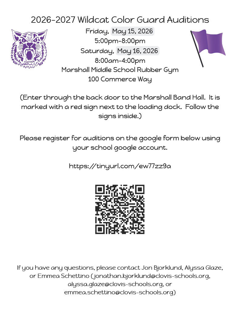 A flyer for 2026-2027 Wildcat Color Guard Auditions. Dates are May 15, May 18, and May 26. Location is Marshall Middle School Rubber Gym. QR code for registration.