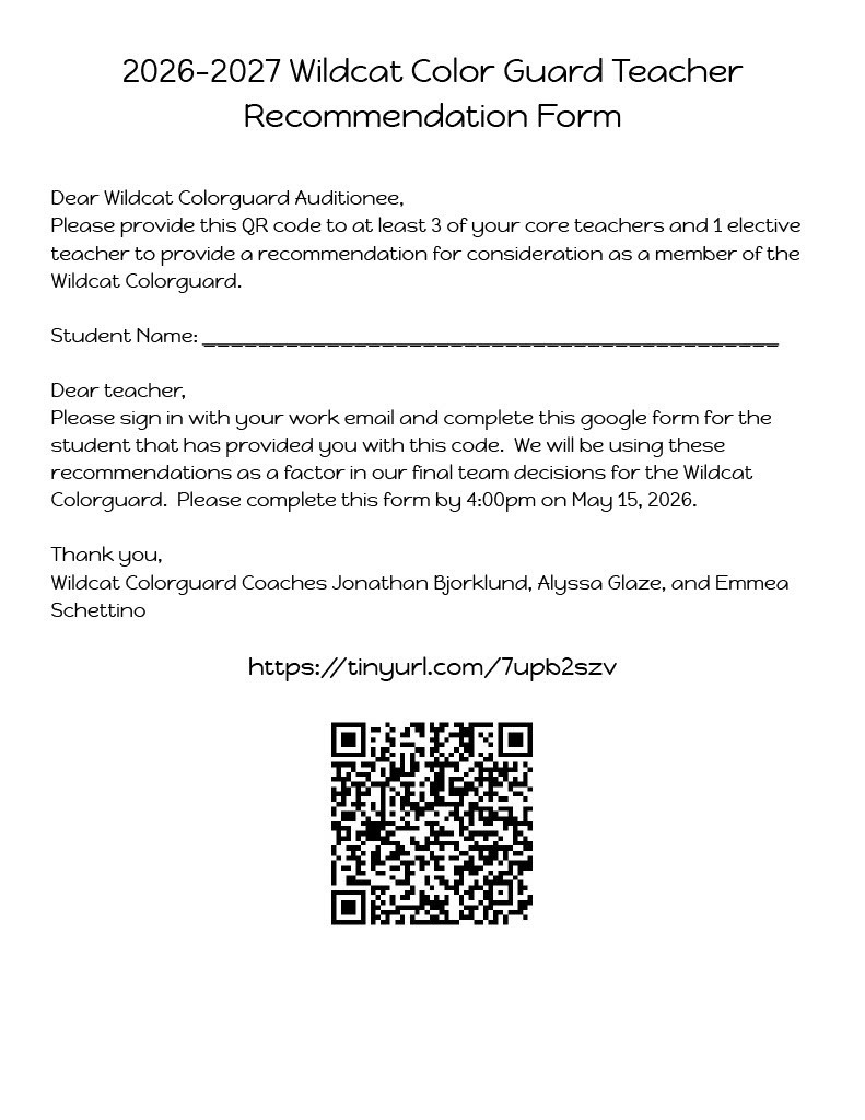 Wildcat Color Guard Teacher Recommendation Form
