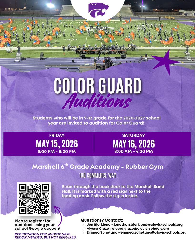 Event flyer for Color Guard auditions on May 15th and 16th, 2026, at Marshall 6th Grade Academy. QR code for registration.