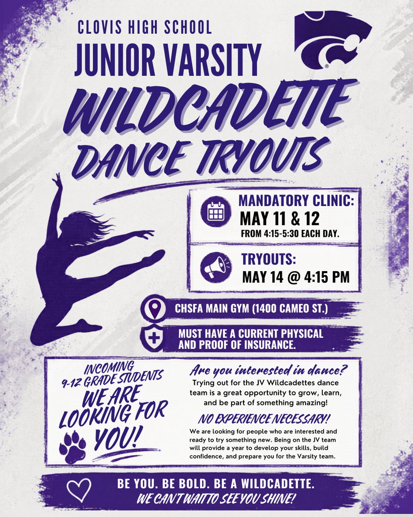 Flyer with a dancer silhouette. Title reads "Junior Varsity Wildcattette Dance Tryouts". Details include dates and location.