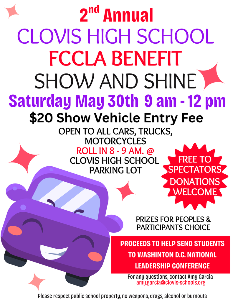 A flyer for the 2nd Annual Clovis High School FCCLA Benefit Show and Shine on May 30th.