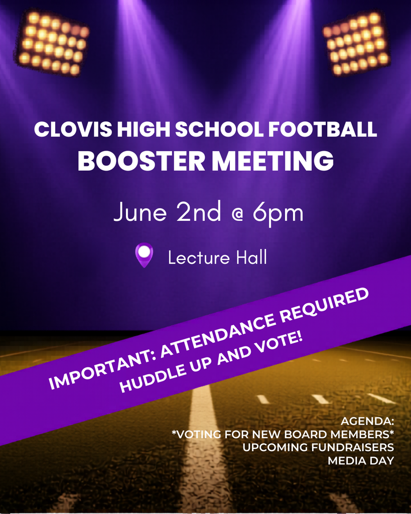 Purple background with white text and purple accent. Two spotlights in the upper corners. "Clovis High School Football Booster Meeting" text. Date and time. Venue.