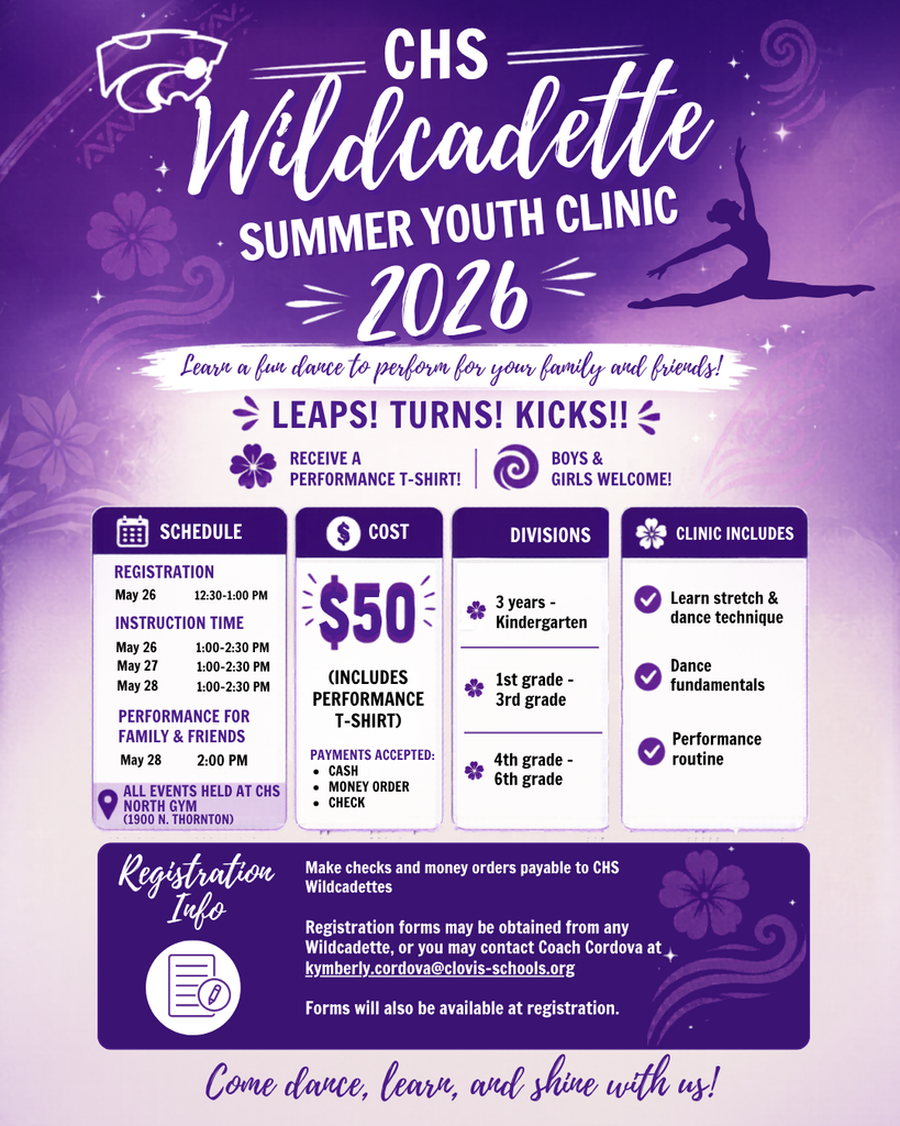 Purple poster for a summer youth clinic. It includes registration time, schedule, cost, divisions, and clinic details.
