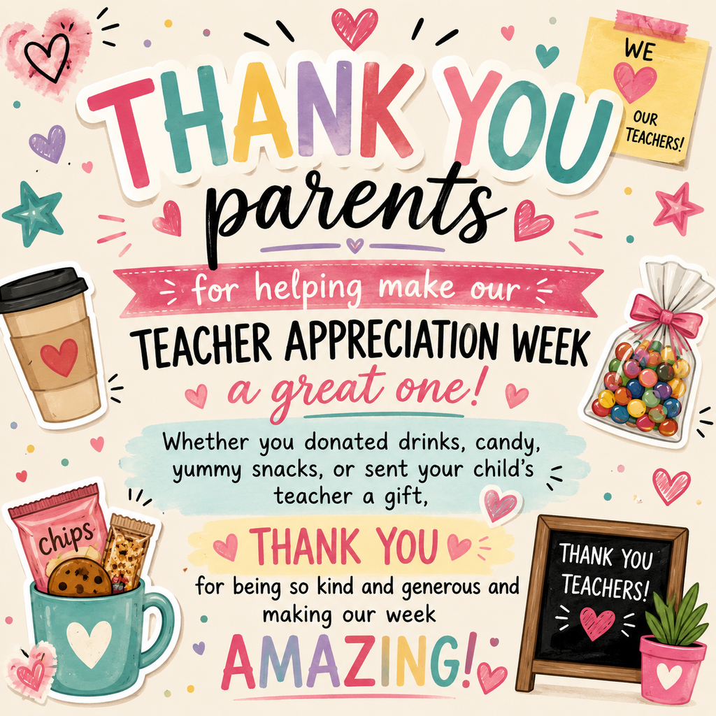 Thank you parents for helping make our Teacher Appreciation Week a great one!  Whether you donated drinks, candy, yummy snacks,  or sent your child's teacher a gift, thank you for being so kind and generous and making our week Amazing!
