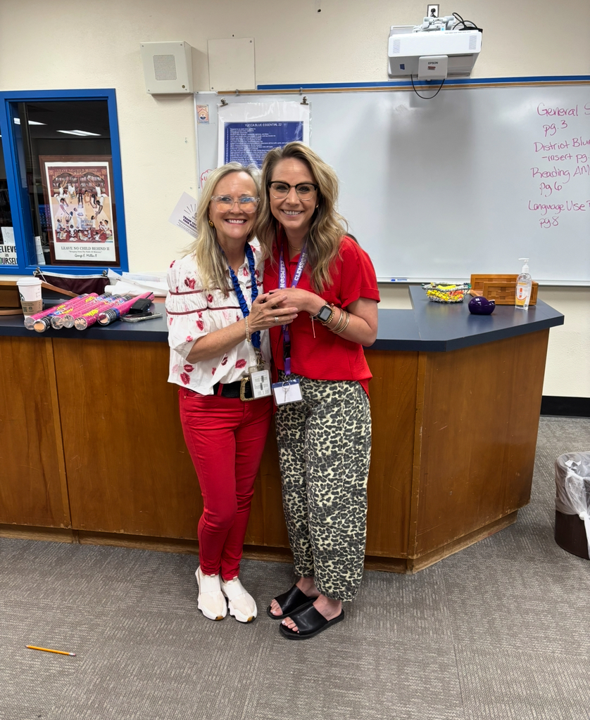 Two women stand behind a desk. One wears a white shirt with red flowers. The other wears a red shirt and leopard-print pants.