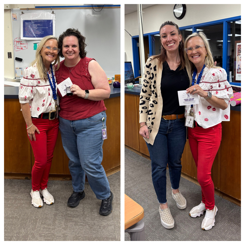 Two women in matching red pants smile in two images. One holds a badge, the other a certificate. Background includes a desk and wall.