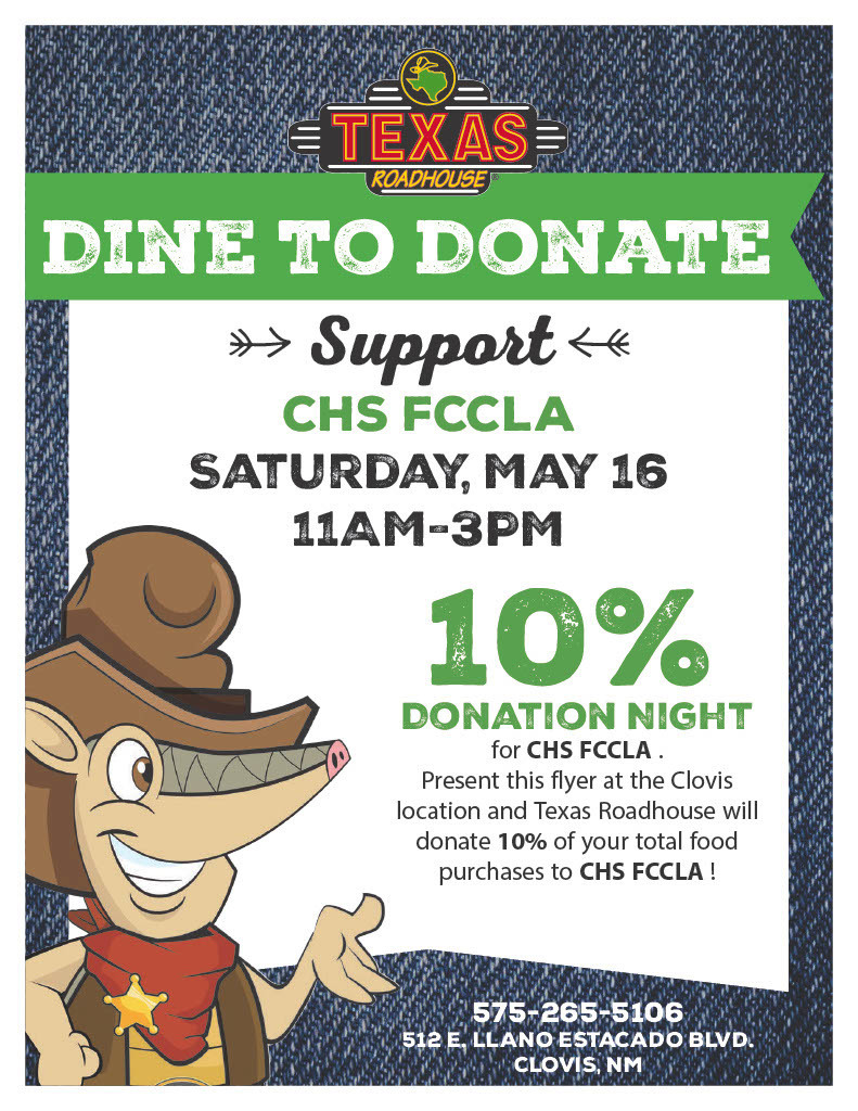 An advertisement for "Dine to Donate" event with a cartoon character wearing a cowboy hat. It states date, time, and location.