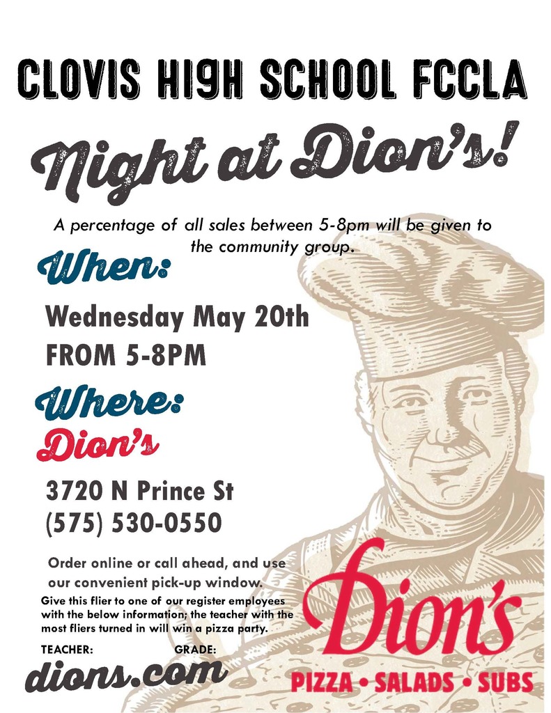 An event flyer for Clovis High School FCCLA's Night at Dion's. It includes a drawing of a chef.