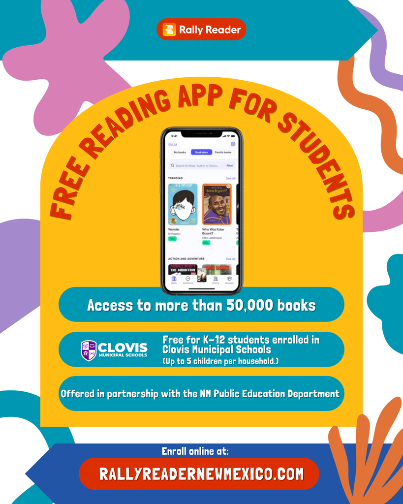 A poster displays a smartphone with a reading app interface. Text reads "FREE READING APP FOR STUDENTS." It offers access to over 50,000 books.