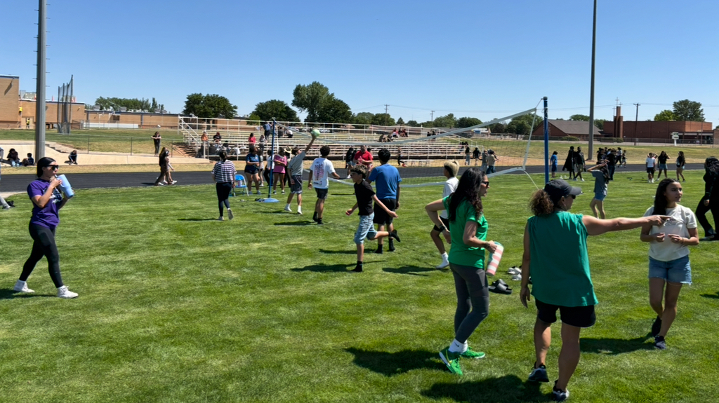 Group of people on a grassy field, some play volleyball, others engage in activities, under clear skies.