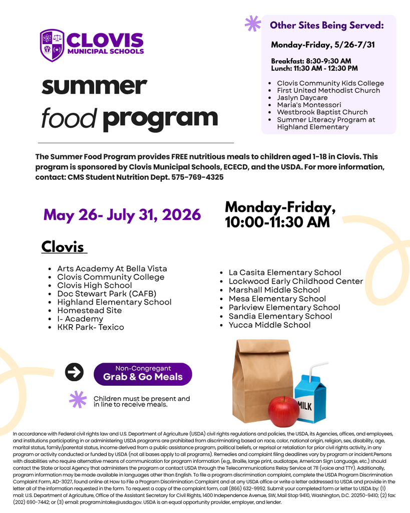Summer food program flyer. May 26 to July 31, 2026. Clovis locations. Meal times are 10:00-11:30 AM.