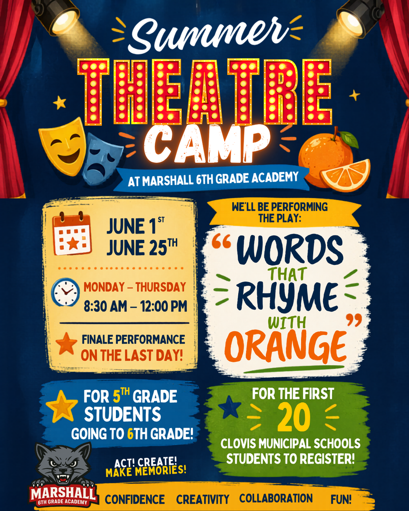 A blue poster advertises a summer theatre camp. Dates, times, and a play title are displayed.