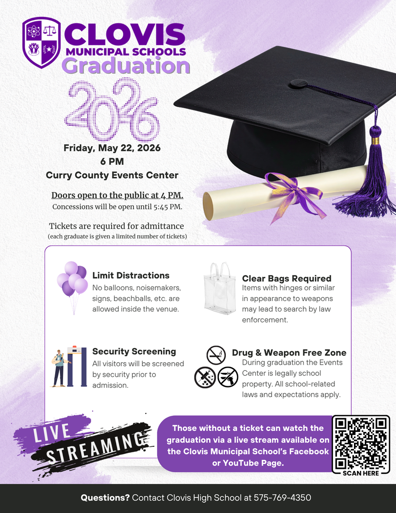 Graduation flyer with details. It includes information on the date and location, ticket requirements, security measures, and live streaming options.