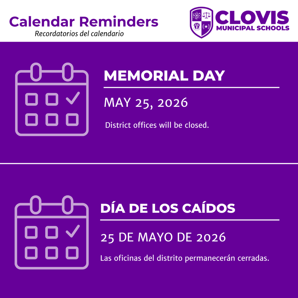 Purple background with calendar icons and text about Memorial Day and Día de los Caídos.