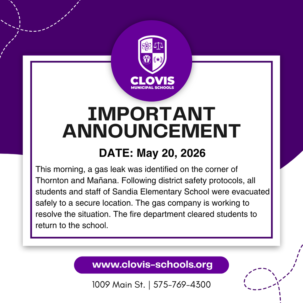 A purple and white card with a Clovis Municipal Schools logo states "Important Announcement" for May 20, 2026.