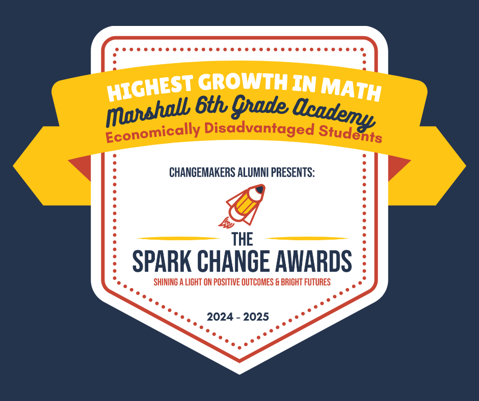 A badge with a ribbon has text, an image of a rocket, and a blue background. It reads "Highest Growth in Math, Marshall 8th Grade Academy, Economically Disadvantaged Students."