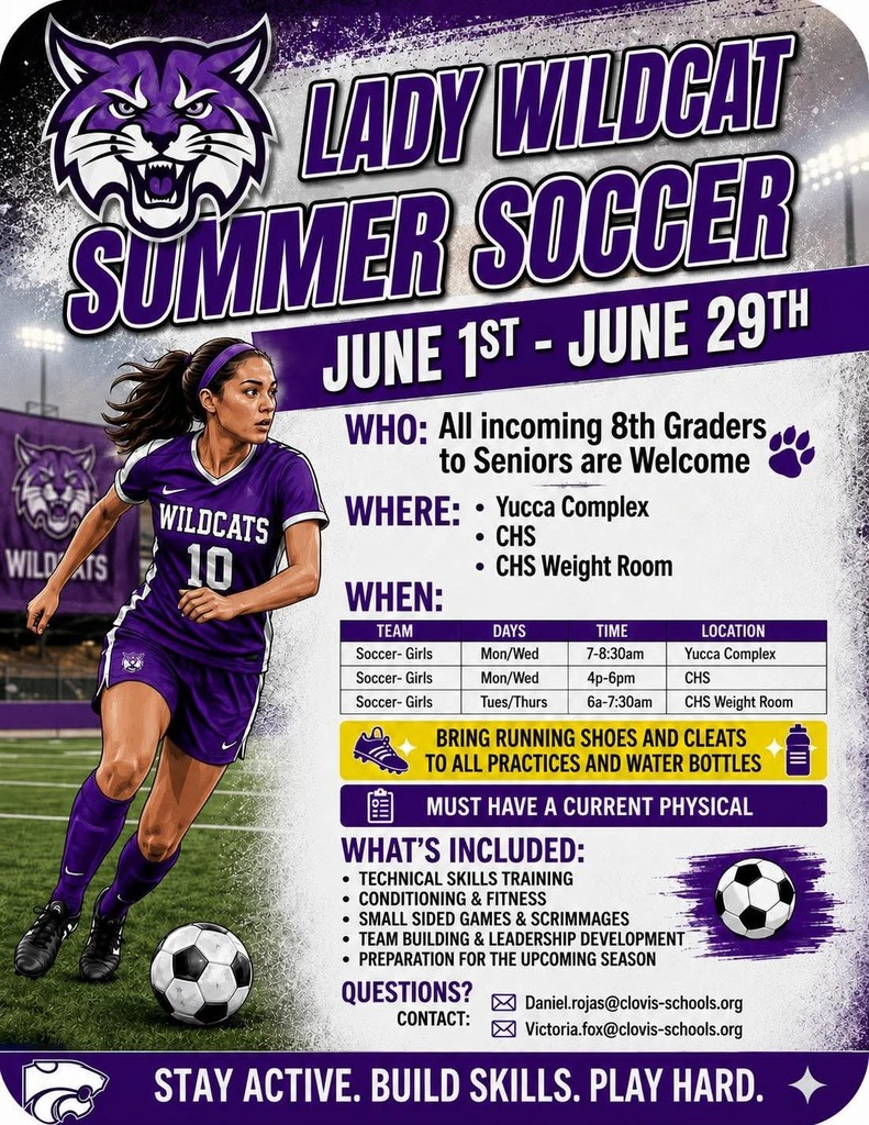 A flyer for a summer soccer camp, featuring a female soccer player in purple uniform. Details include dates, location, and requirements.