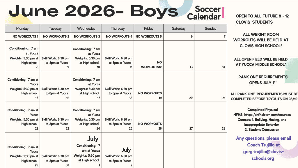 A calendar for June and July 2026 featuring a soccer schedule for boys. The calendar includes time slots and activities for conditioning and workout sessions.