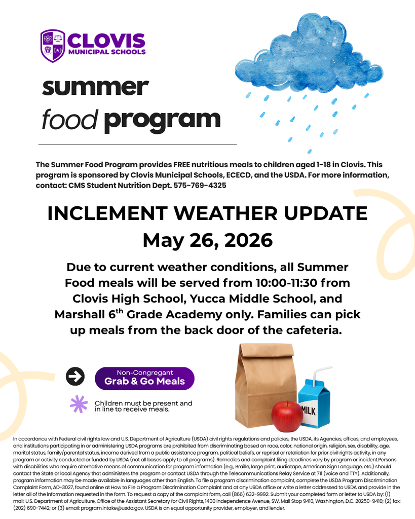 Blue cloud with raindrops, logo, and text "Summer Food Program" at top. Below, "Inclement Weather Update" with details about meal pick-up.