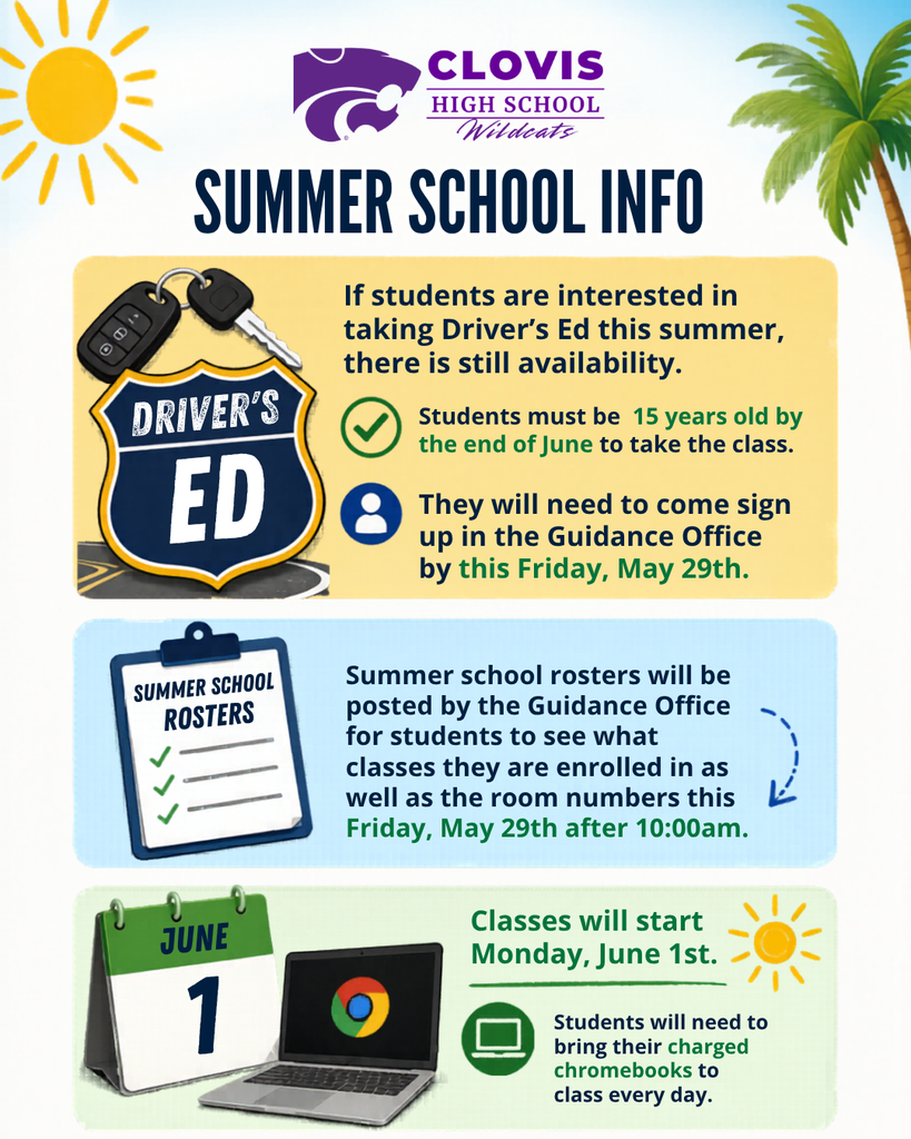 Summer school info for Clovis High School. Students must be 15 by June end to enroll in Driver's Ed. Classes start June 1.