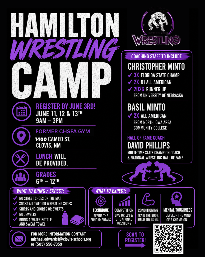 Black and purple poster with bold white text. Header reads "Hamilton Wrestling Camp" with dates and registration information. Coach names and credentials follow.