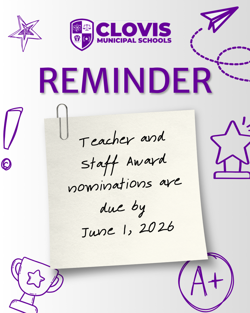 A reminder notice is pinned to a white background. It reads "Teacher and staff Award nominations are due by June 1, 2026."