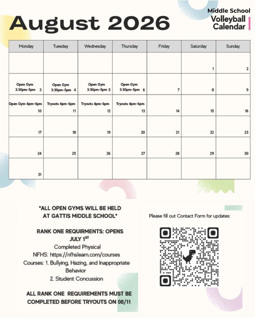 Calendar for August 2026 with details for volleyball and gym schedules. White background.