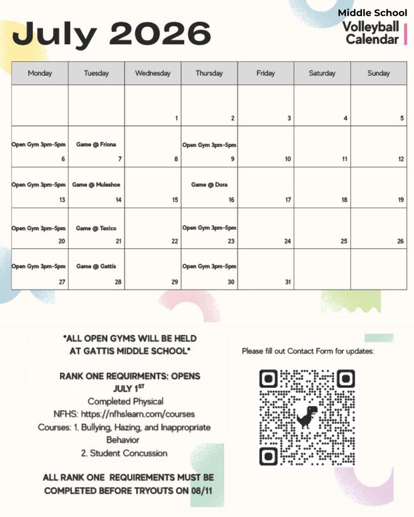 Calendar for July 2026 includes dates and volleyball schedule. QR code for contact information.