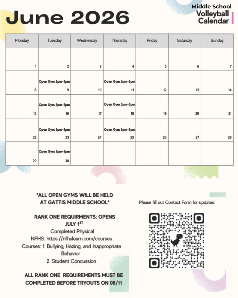 Calendar for June 2026 featuring weekly dates with an open gym note for all gyms, a QR code, and a contact form link for updates.